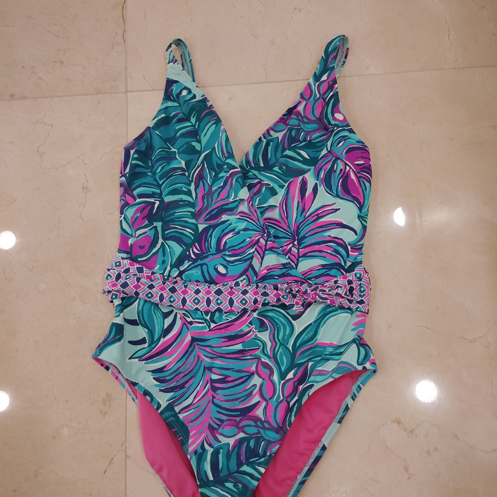 Lilly Pulitzer Tropical Print One Piece Swimsuit - Teal and Pink